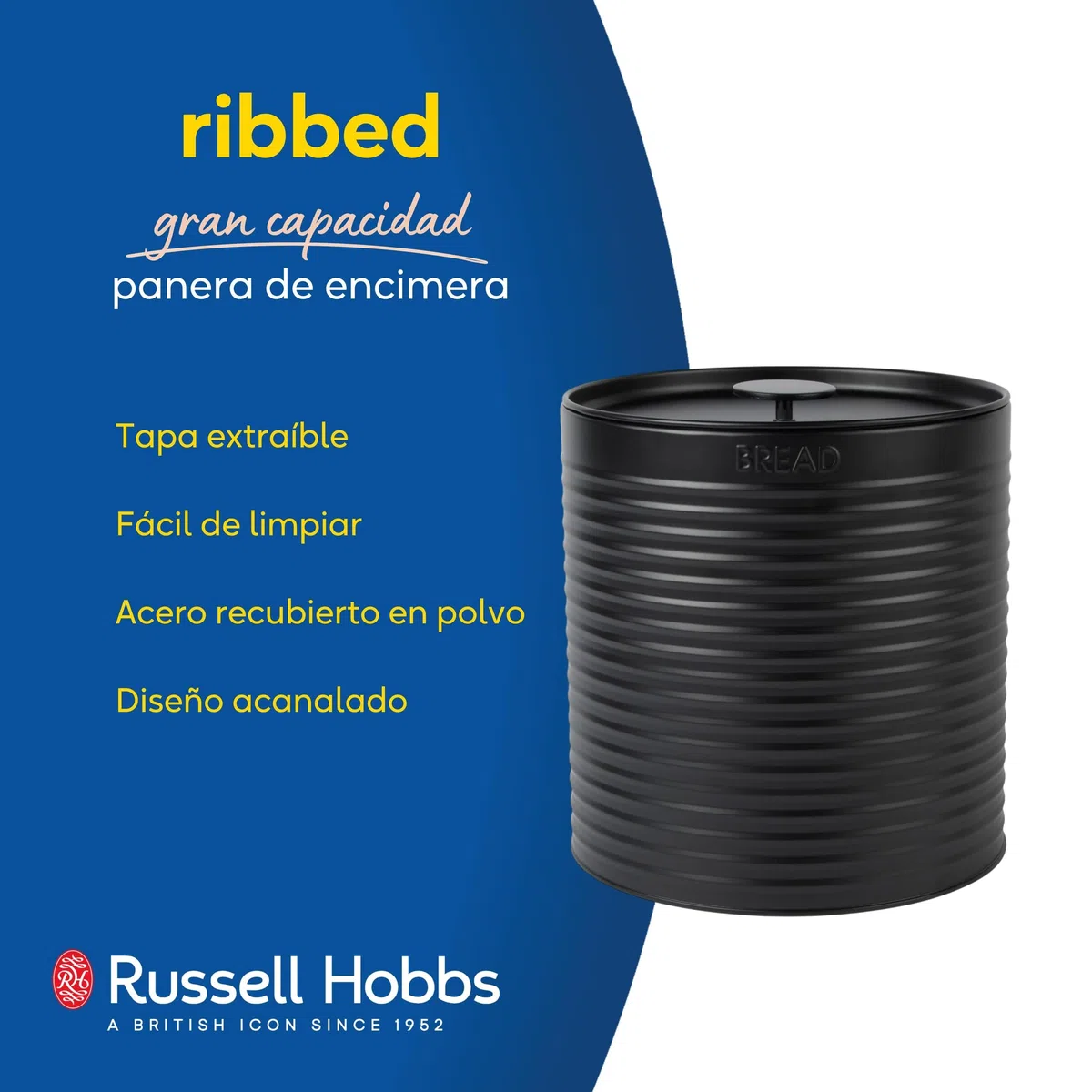 Russell Hobbs RH03269EU7 Ribbed Panera - Caja de pan de metal, Recipiente de cocina grande, Almacenamiento en la encimera, Acero duradero con recubrimiento en polvo, Fácil de limpiar, Negro