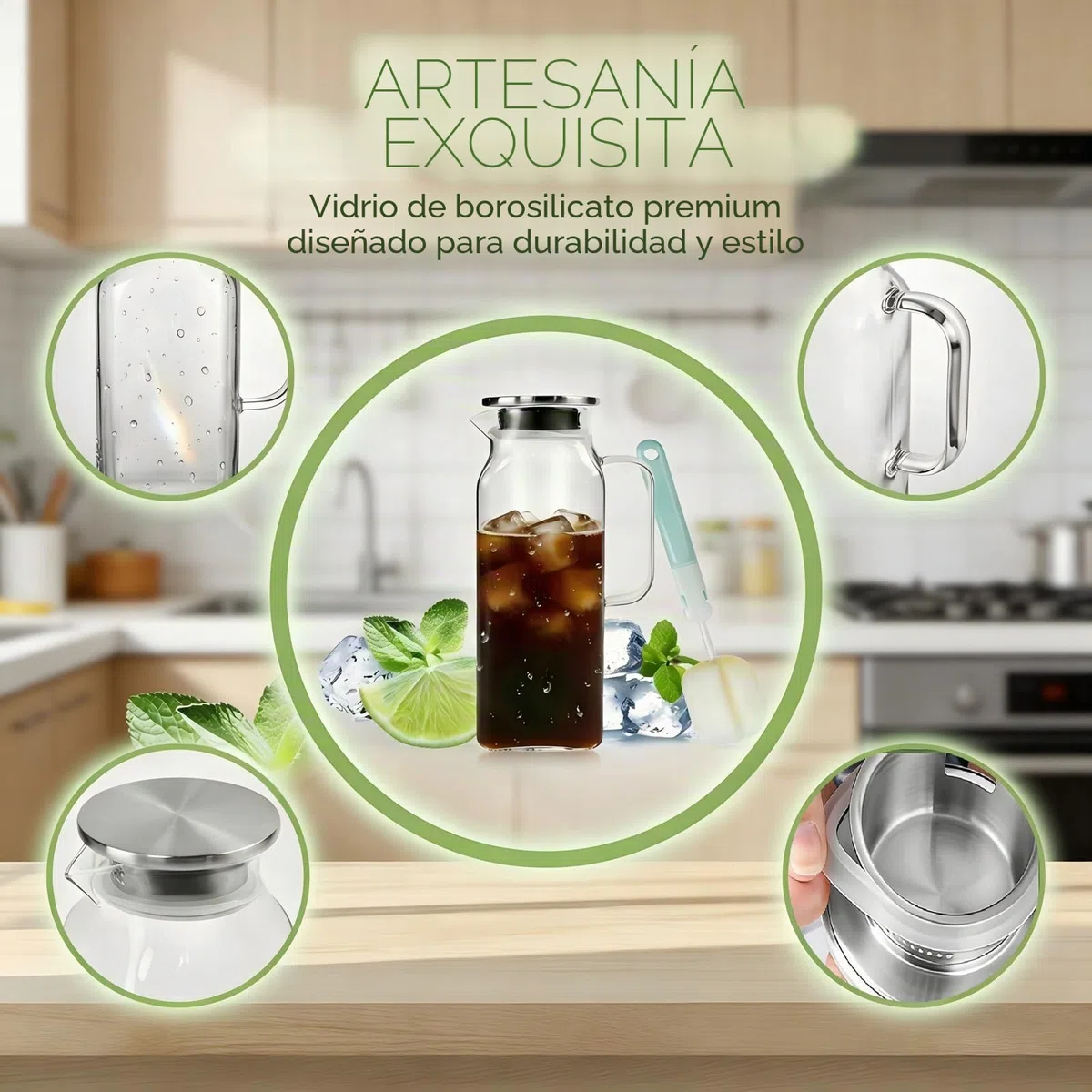 Jarra Agua Cristal Cuadrada con Tapa 2 Litros botella cristal de Borosilicato para Jugo, Agua Nevera y Frigorífico Jarra de Agua Vidrio 2L con Doble Vertido y Mango, 27,2x9,5cm + un Cepillo