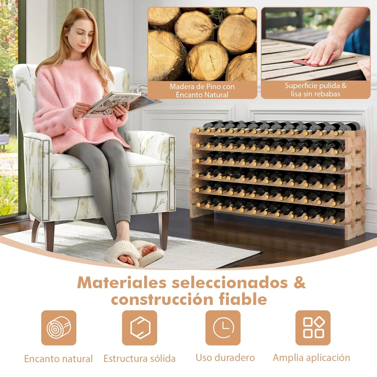 GOPLUS Botellero Vino de Pino para 72 Botellas, Botellero Apilable de Madera con 6 Niveles, Estantería de Vino, para Cocina Hogar Bar, Gran Espacio (72)