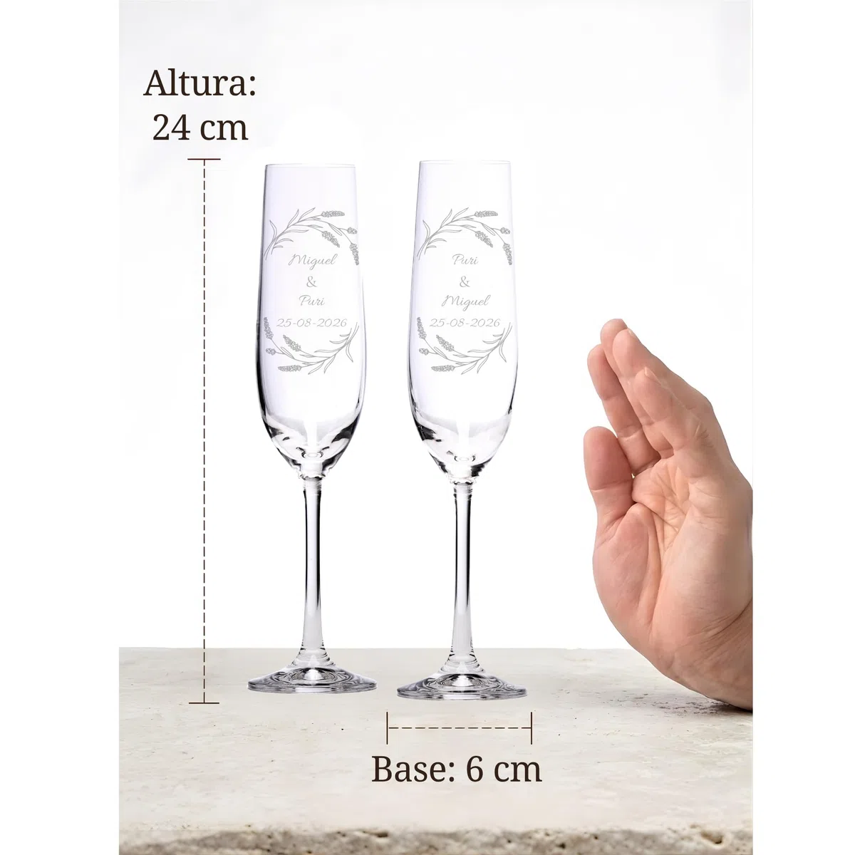 JOYERIA EL FARO | Copas grabadas para novios | Copas personalizadas para bodas | Cristal de Bohemia de alta resistencia | Estuche premium incluido | Brinda y celebra el amor (Ramitas)