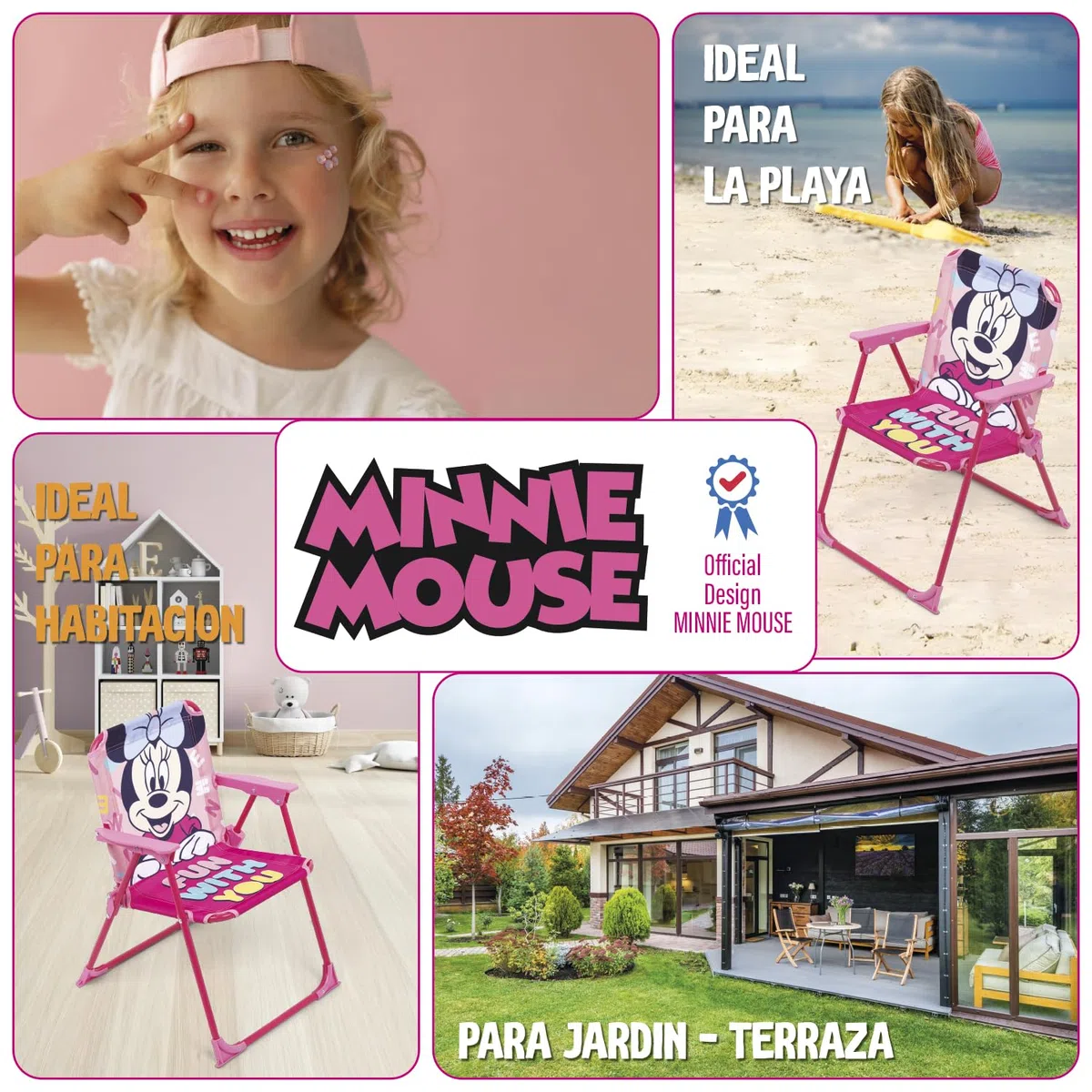 ARDITEX Silla Plegable Infantil Minnie Mouse, Silla Exterior 38 x 32 x 53cm Rosa