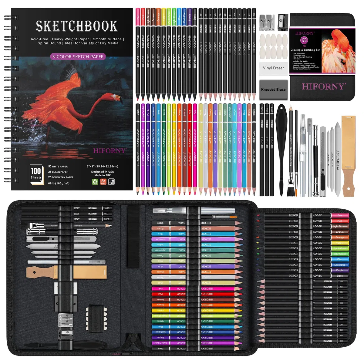 HIFORNY Juego de 176 piezas de suministros de dibujo y bocetos con 100 hojas, libro de bocetos de 3 colores, lápices de grafito, carbón, acuarela y metálicos, herramientas de mezcla y más, para