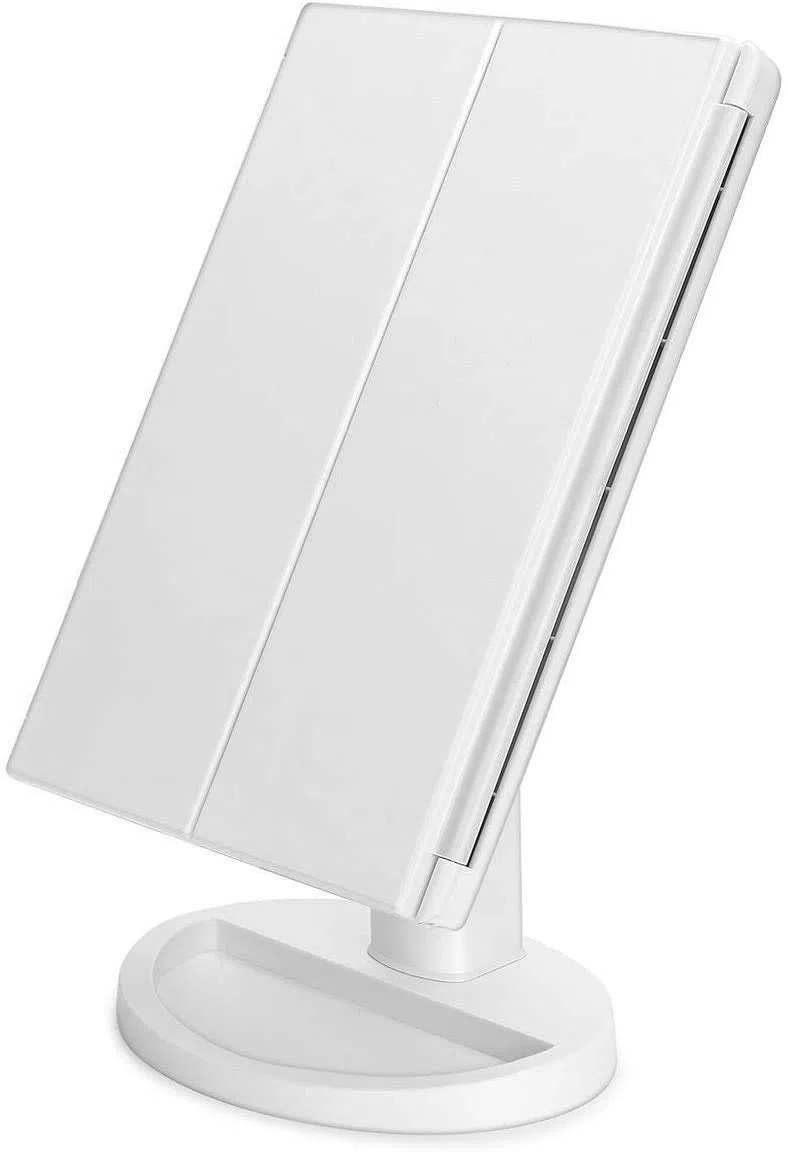 Infitrans Espejo de Maquillaje Tríptico con Aumento 1x, 2X, 3X, Espejo Cosmético Pantalla Táctil en Iluminacíon 21 Led, Adjustable 180º (Blanco)