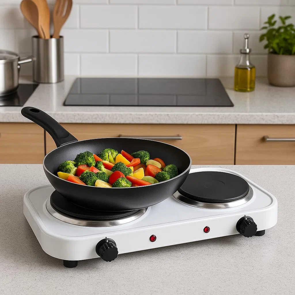 SVE Hornillo eléctrico doble Cocina Eléctrica Portátil 2 Fogones 2000W de Potencia - Protección Sobrecalentamiento - Recubrimiento Antiadherente - Fácil de Utilizar - Placa Inducción Portátil