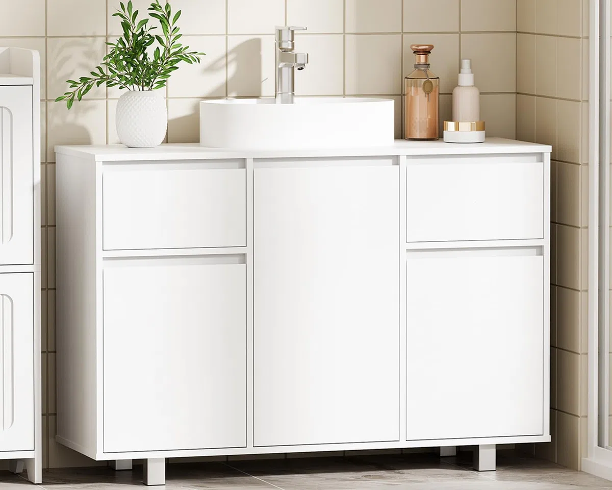 BEWISHOME Mueble Bajo Lavabo de Baño con Pies, Armario de Baño | 90 x 30 x 62.5 cm, Mueble Bajo Fregadero 2 Cajones, 3 Puertas, Gran Capacidad de Almacenamiento, Blanco, EYSG01W