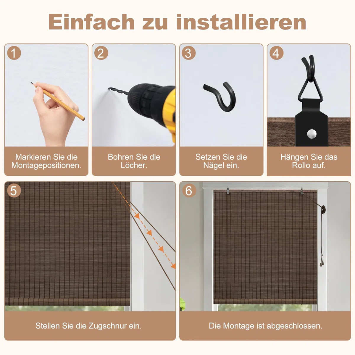 WOLTU Estores de Bambú, Persianas Enrollables para Exterior e Interior, Cortina de Bambú Natural, Estor Transpirable de Puertas o Ventanas, Protección Solar y Privacidad, Marrón Oscuro, 80x220 cm