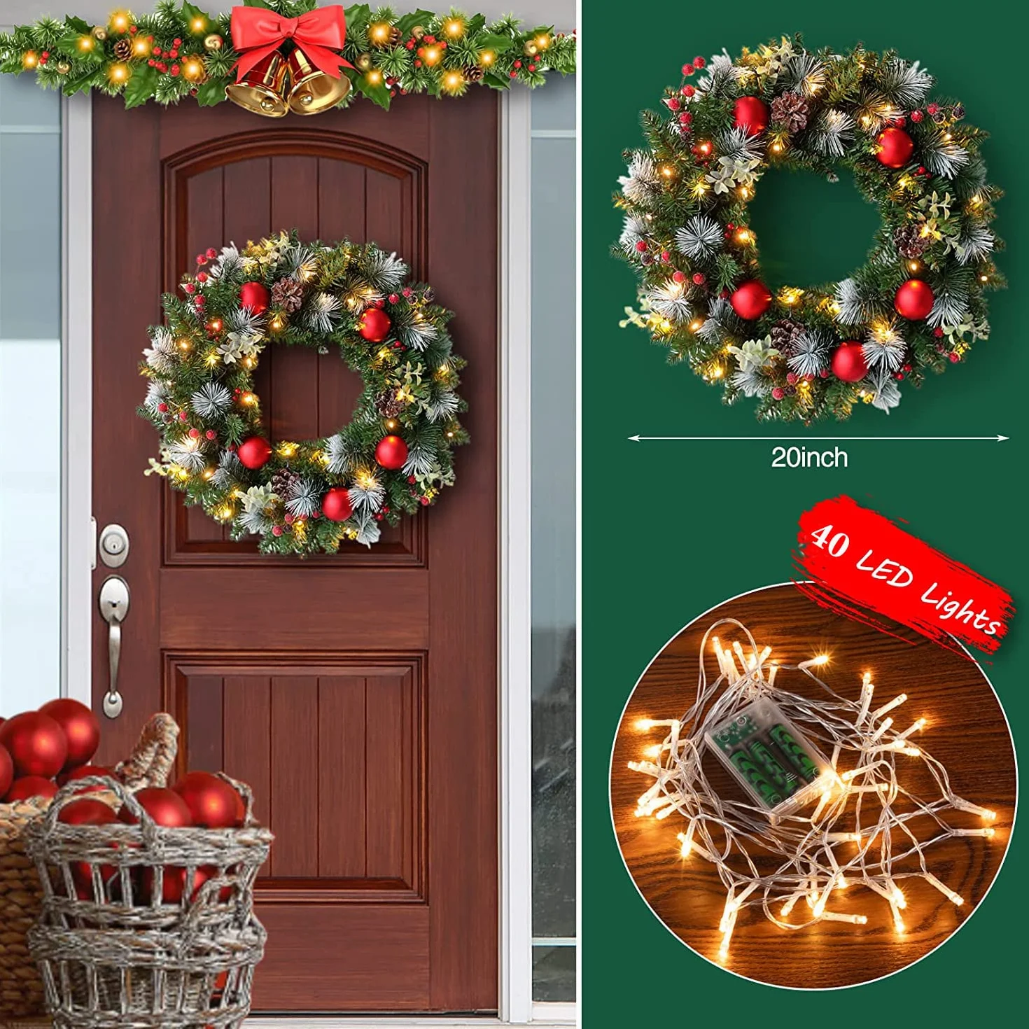 Guirnalda navideña de 40 cm, decoración para puerta de entrada, con luces LED y gancho, guirnaldas artificiales para ventana, chimenea, decoración navideña de pared, para interior y exterior,