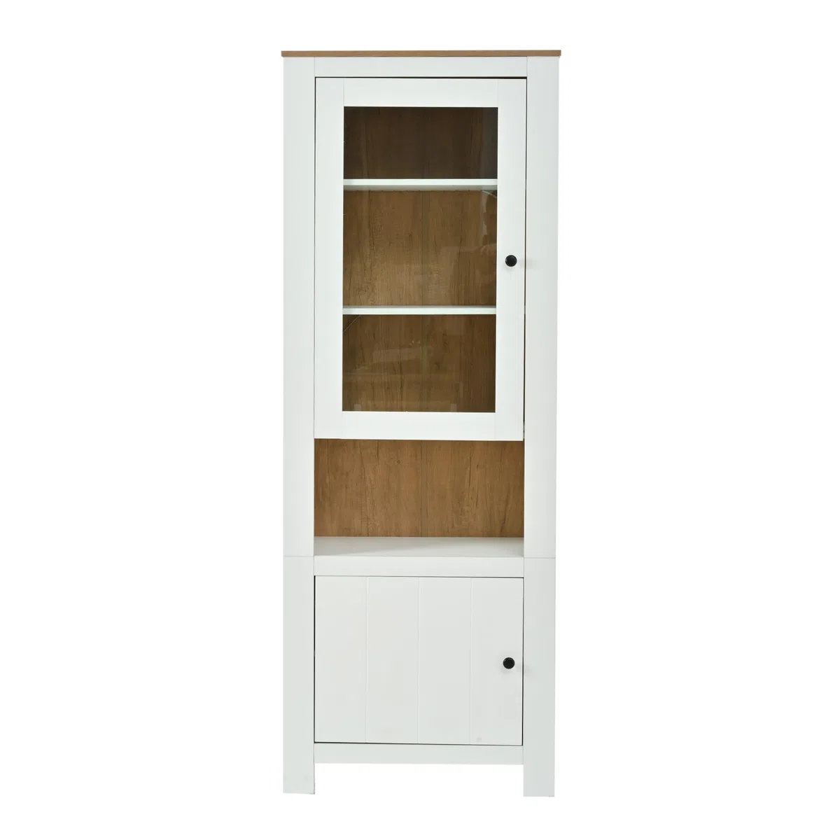 MURUL Armario alto, 70 x 40 x 188 cm, vitrina con 2 puertas, seis estantes, pared trasera en imitación de madera natural, estantes ajustables, vitrina de cristal con LED, color blanco + madera natural