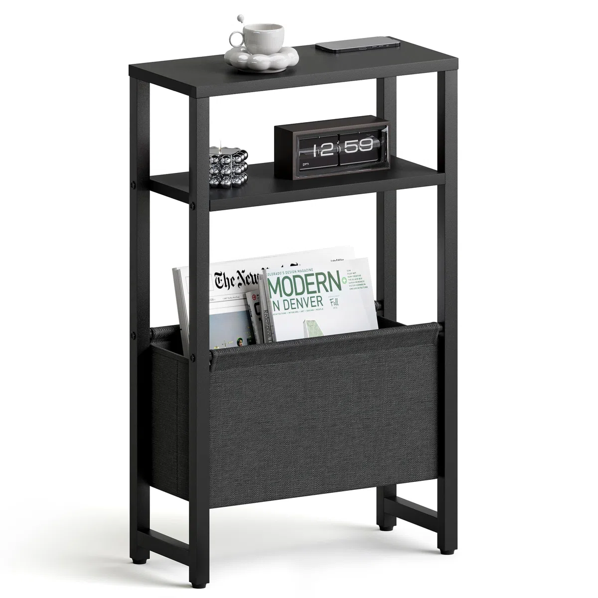 Mesa Auxiliar De 3 Niveles para Espacios Pequeños Mesa Lateral Delgada con Cesta de Tela de Almacenamiento Mesita De Noche Mesas Auxiliares para Sofás para Sala De Estar Dormitorio Negro LET503B