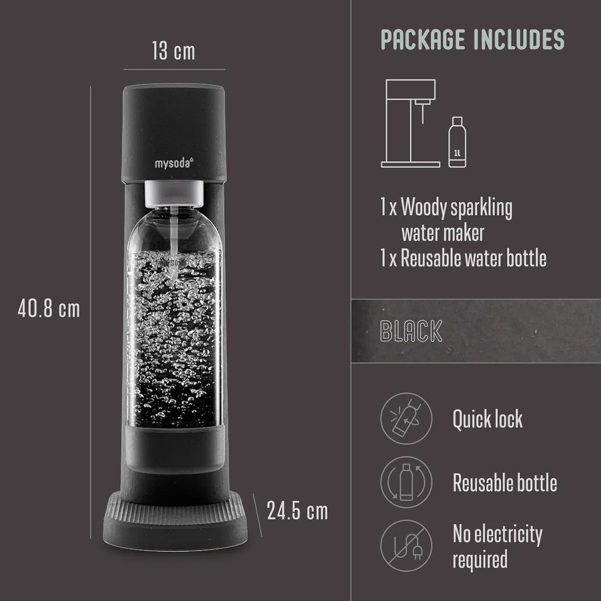 Mysoda Woody Black - Máquina de carbón vegetal, incluye botella de agua, negra (sin cilindro de CO2)