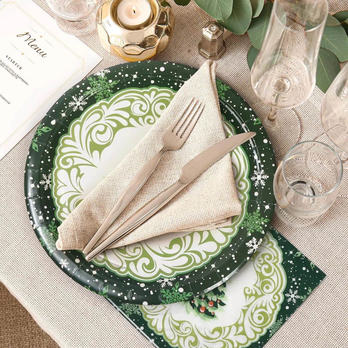 Platos y Servilletas De Papel Navideños 50 Unidades,Incluye 25 Unidades 23 cm Platos Navidad y 25 Unidades Servilletas,Patrón De Árbol De Navidad Verde,Para Decoraciones Navideñas