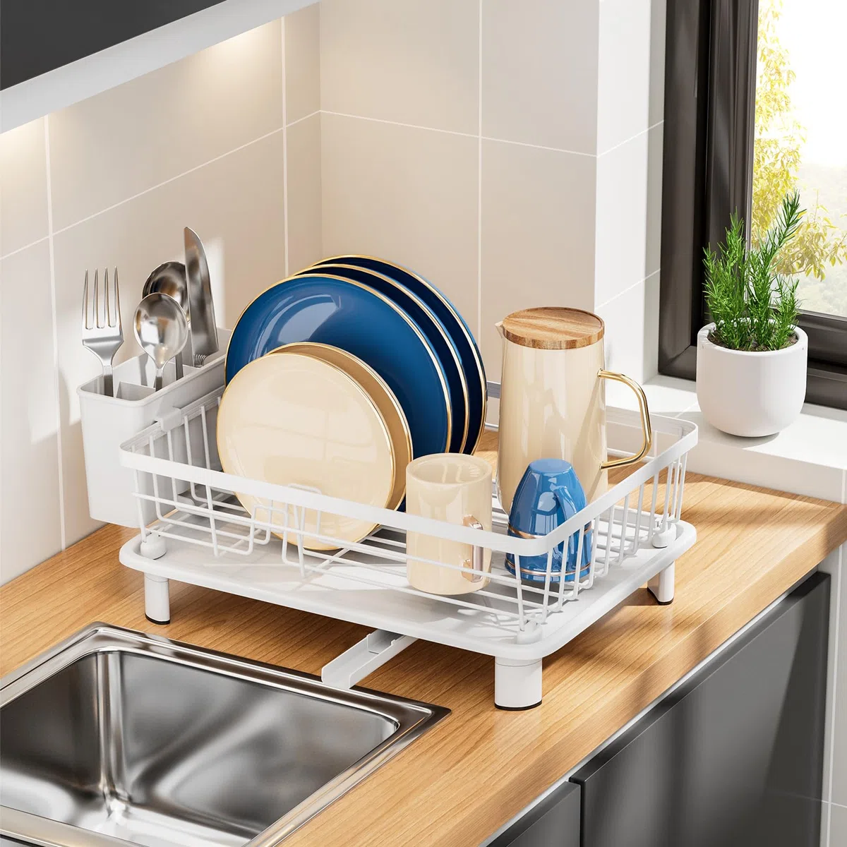Escurreplatos Blanco Escurridor de Platos Acero Inoxidable Escurreplatos con Bandeja de Goteo Dish Drying Rack con Cesta para Cubiertos (Blanco, Pequeño)