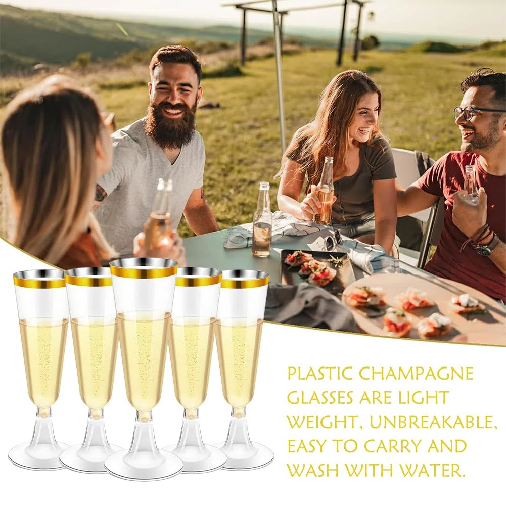 Copas de Champán de Plástico con Borde Dorado, 10 Piezas Juego de Copas de Champán de Plástico, Copas Reutilizables Copa Plastico, Copas de Cava Plastico paraBodas, Cumpleaños y Fiestas (150ml)