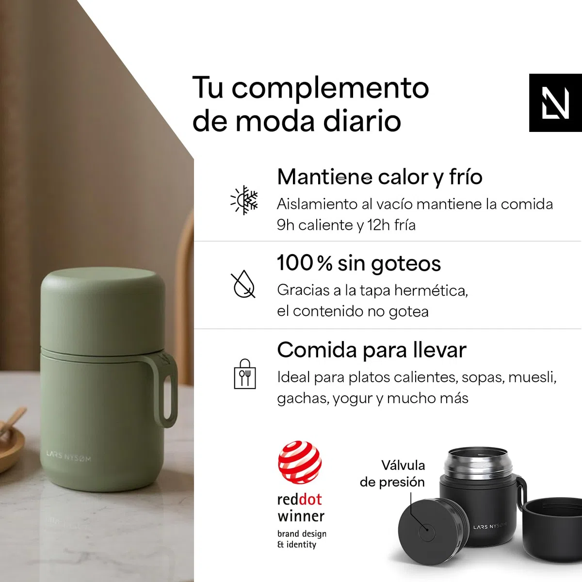 LARS NYSØM Tarro Térmico de Acero Inoxidable - Recipiente Hermético para Comida Caliente y Fría, Termo de Boca Ancha para Sopas, Trabajo y Viaje (Carbon Black, 350ml)