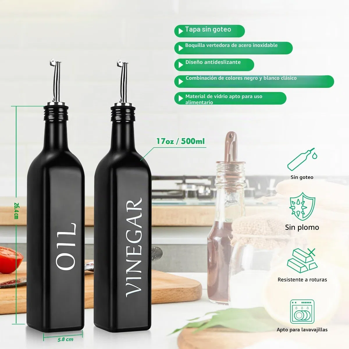 DaiRen Kitchen Juego de 2 dispensadores de aceite y vinagre, dispensador de aceite de oliva blanco y negro con soporte de almacenamiento y boquilla de acero inoxidable, 500 ml, juego de cristal