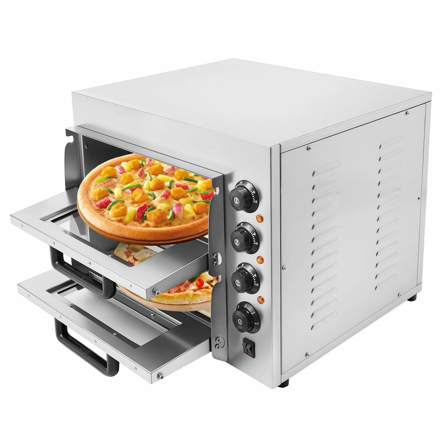 Horno de pizza de acero inoxidable comercial de 3000 W, 50-350 ℃ de 2 pisos con piedra de cordierita para cocinas domésticas, restaurantes, pizzerías y panaderías