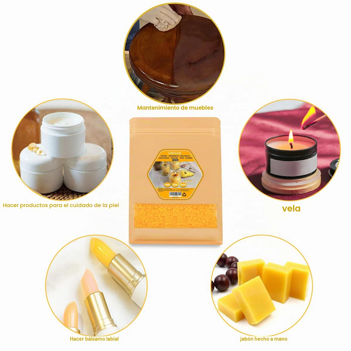Cera de abeja, 1kg de cera de abeja natural, ideal para cosmética natural, toallitas de cera de abeja o cera para velas, envase de larga duración.