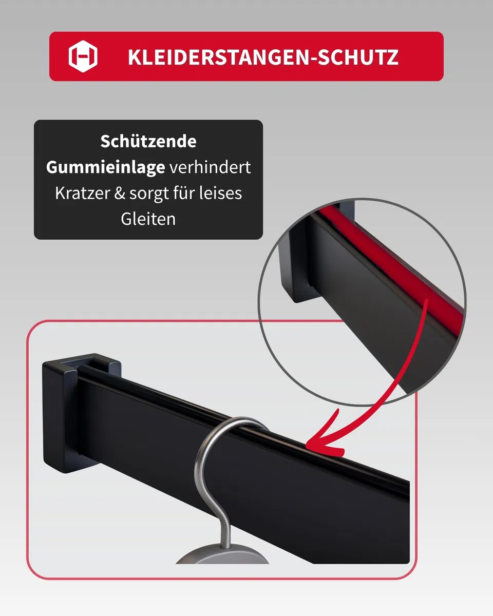 Gedotec Barra para colgar ropa, color negro mate, 1500 mm, barra para armario con revestimiento de goma, barra cuadrada para colgar ropa de pared de 30 x 12 mm, 1 juego de tubos de armario con