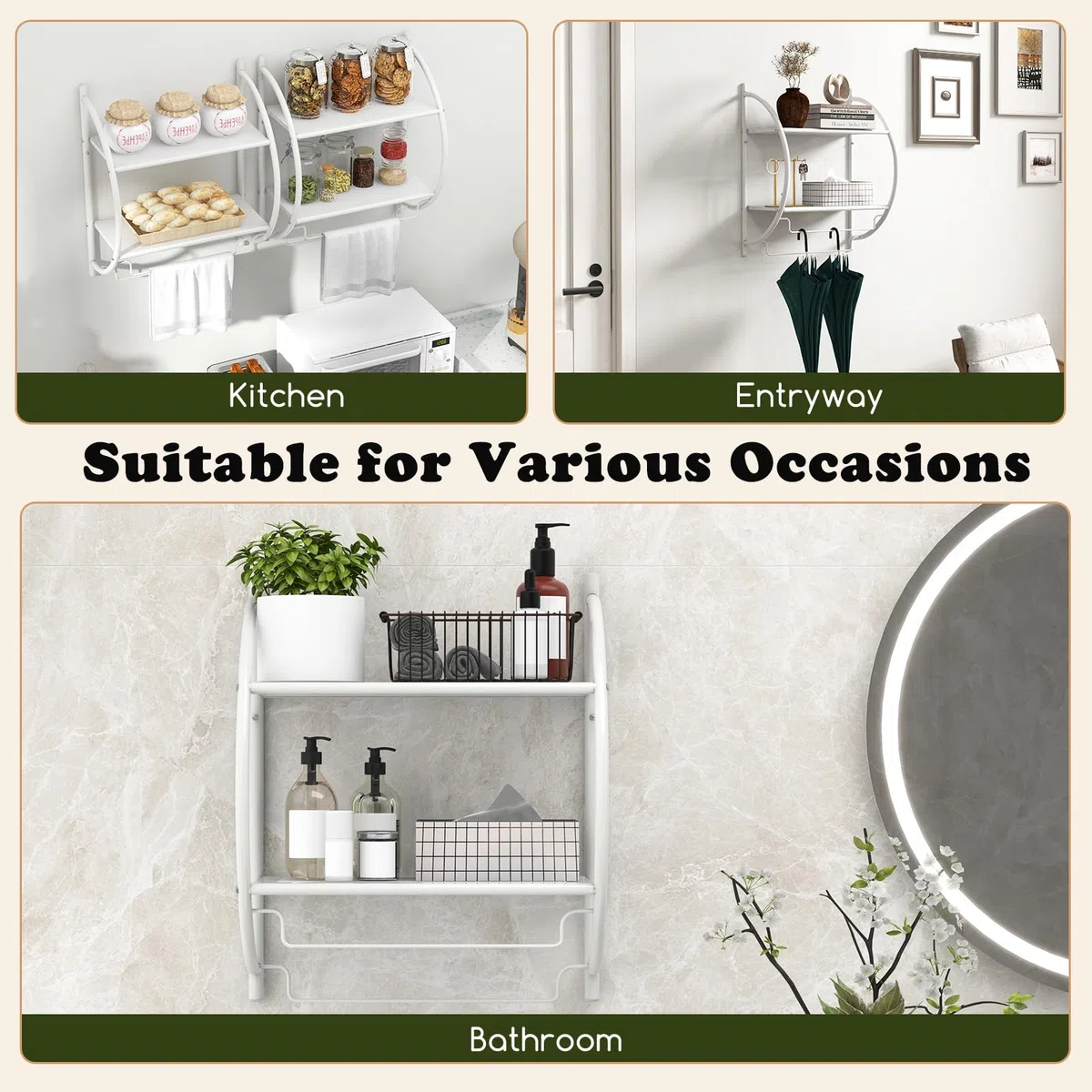 LIFEZEAL Estante Toallero de Pared, 2 Estantes y 2 Barras de Hierro Cromado, Multifuncional, 45 x 25,5 x 55 Cm, Capacidad 14 Kg (Blanco)