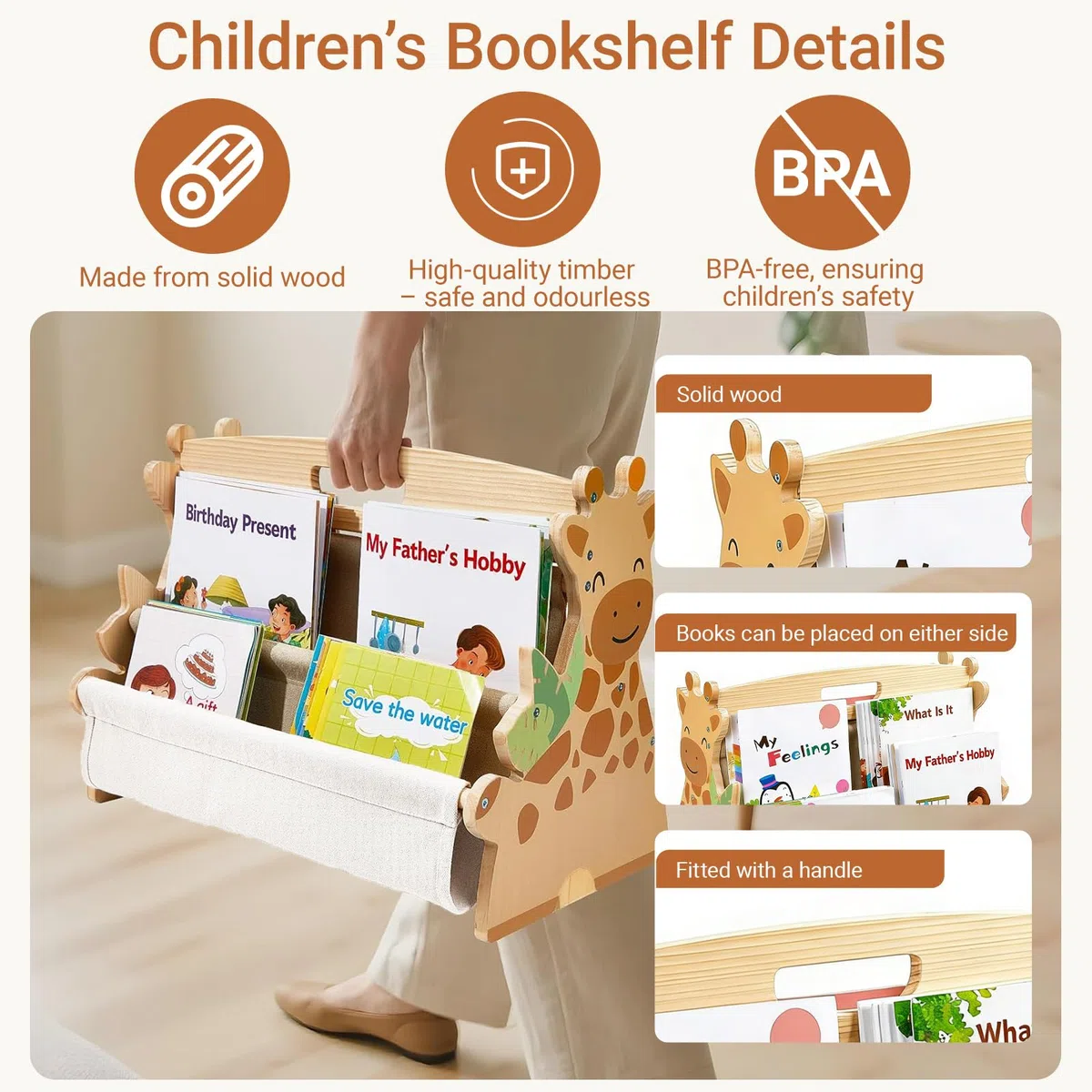 Estantería de madera para niños, estantería Montessori con bolsillos de lona resistentes, portátil con asa, estantería portátil para niños, organizador de libros para habitación infantil