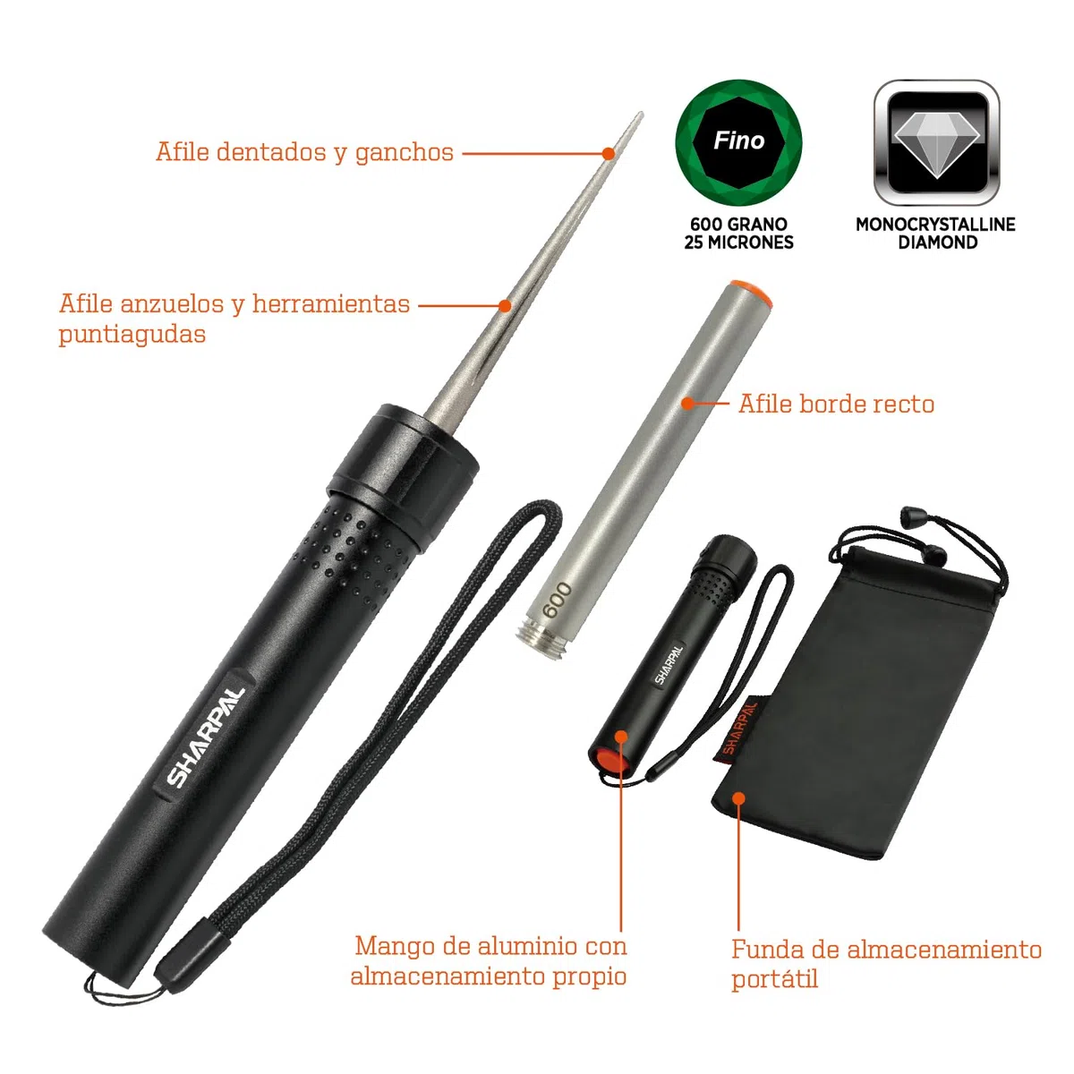 SHARPAL 178N Afilador 3 en 1 | Chaira de diamante de grano 600, 10,16 cm | Afilado de todo tipo de cuchillos y herramientas con filo recto, filo dentado y ganchos | Afilador de navajas