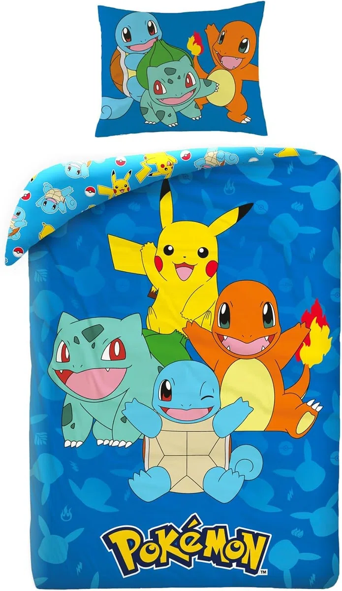Juego de ropa de cama Pokémon 135x200 + 80x80 · Pikachu, Glumanda, Schiggy & Bisasam · 2 piezas funda nórdica + funda de almohada · Tamaño alemán