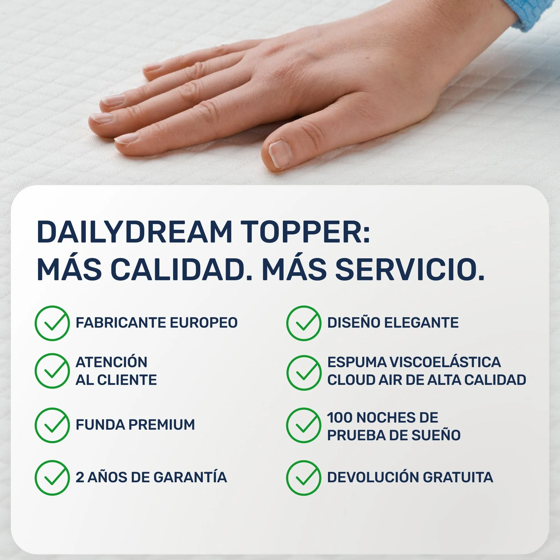 Dailydream Topper Viscoelástico, Memory Foam, 100x200 cm, 7 cm | Edición Pure, H1/2, sobrecolchón viscoelástico con funda lavable, base antideslizante y correas elásticas.