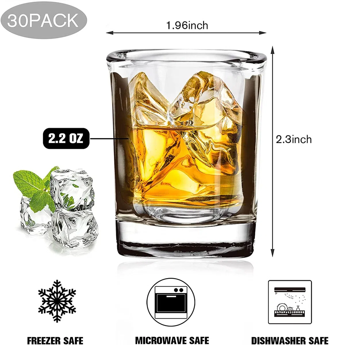 Paquete de 30 vasos de chupito de base pesada a granel, juego de vasos de chupito cuadrados de 2.2 onzas, vasos de chupito transparentes para espresso, vasos de chupito pequeños para vodka