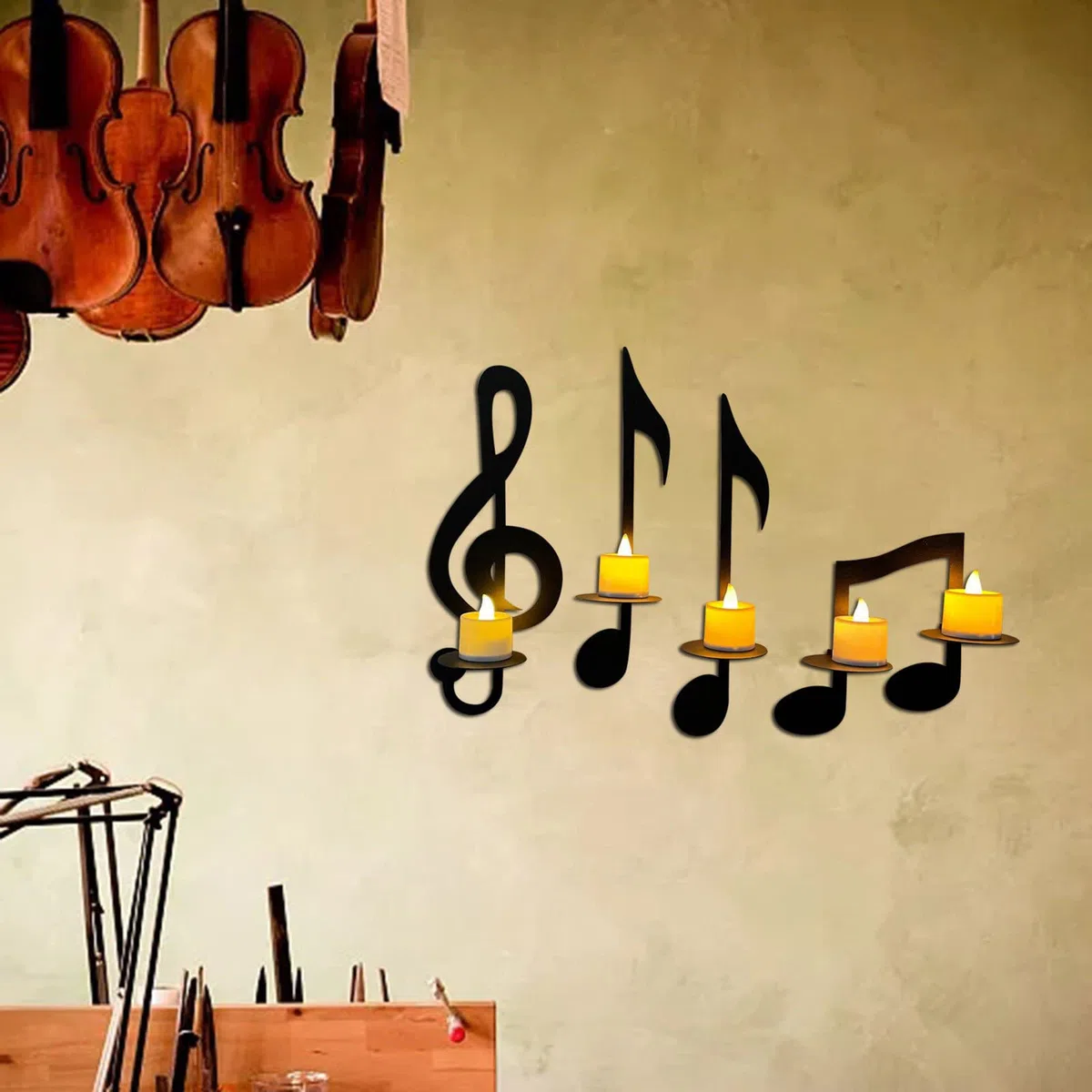 Fofetbfo Juego de 4 Candelabros de Pared de Metal Negro Con Símbolo de Música para Decoración del Hogar