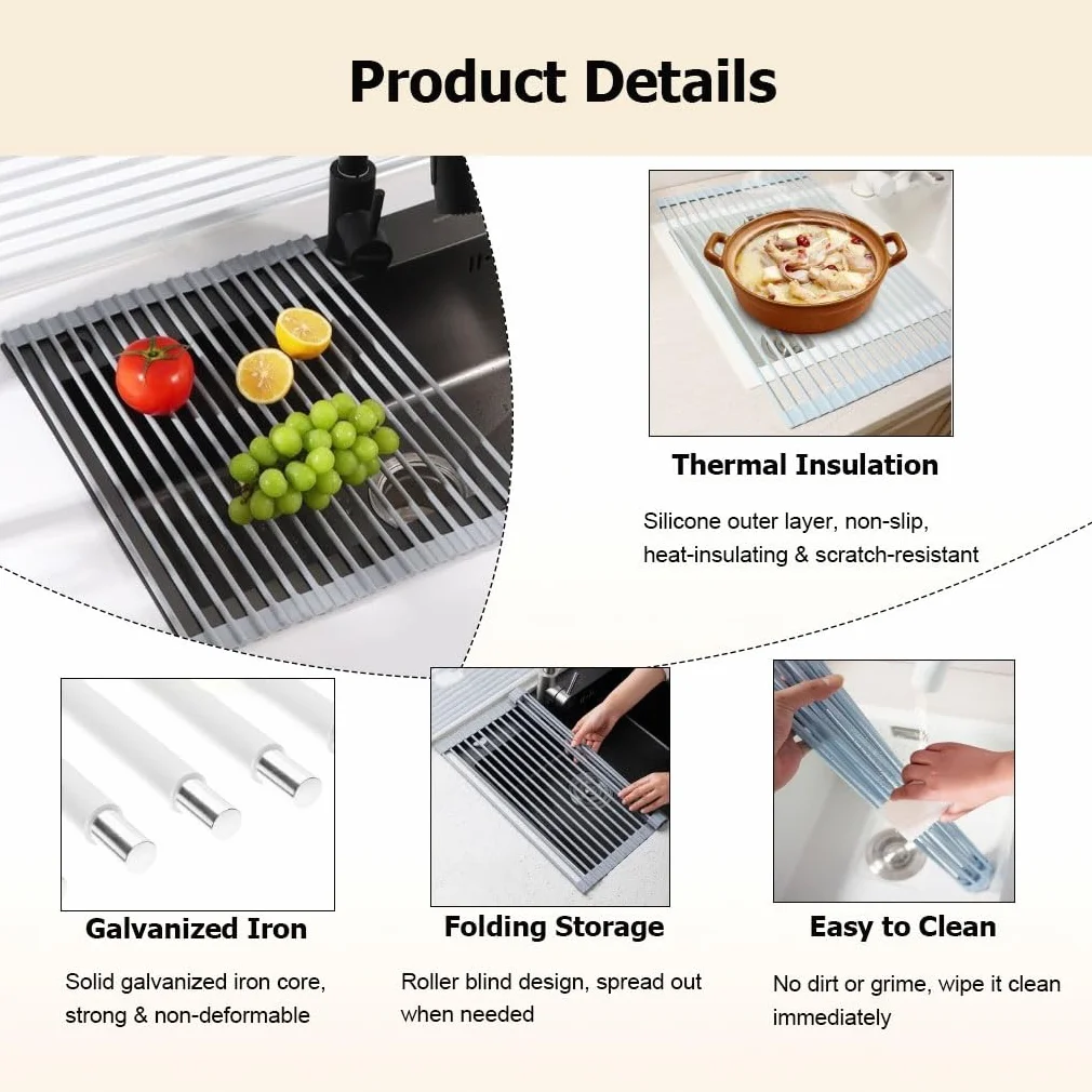 Escurridor de platos enrollable multiusos, escurridor de cocina plegable para colocar sobre el fregadero, barra de acero inoxidable con cubierta de silicona completa, escurridor antideslizante para e