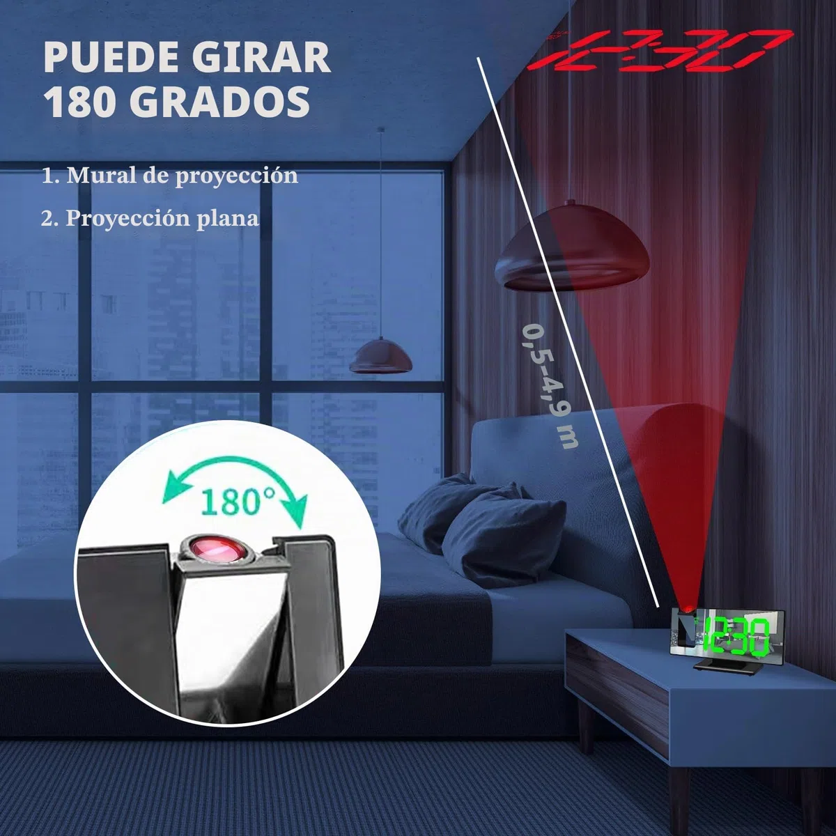 BYZESTY Despertador Proyector Techo, Reloj Proyector Techo, Reloj Despertador Digital, Despertador Inteligente Alimentado por USB, con Gran Pantalla, Temperatura, Snooze, Brillo Ajustable, 12/24H