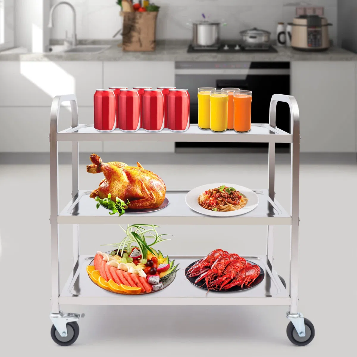 Carro de servicio de acero inoxidable para cocina, con ruedas y partición de 3 estantes, rueda silenciosa, 75 x 40 x 83,5 cm