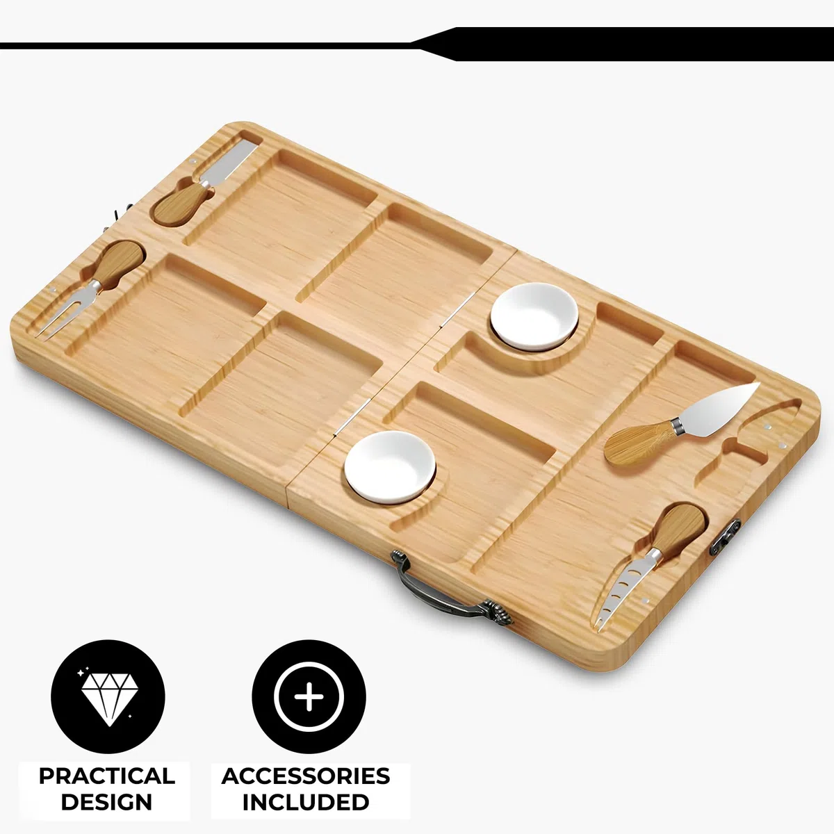 Juego De Tabla De Queso De Bambú Plegable con 4 Cuchillos Y 6 Tenedores - Set De Regalo Extensible De Madera para Embutidos Y Queso | Bandeja De Servicio para Tapas Y Fruta
