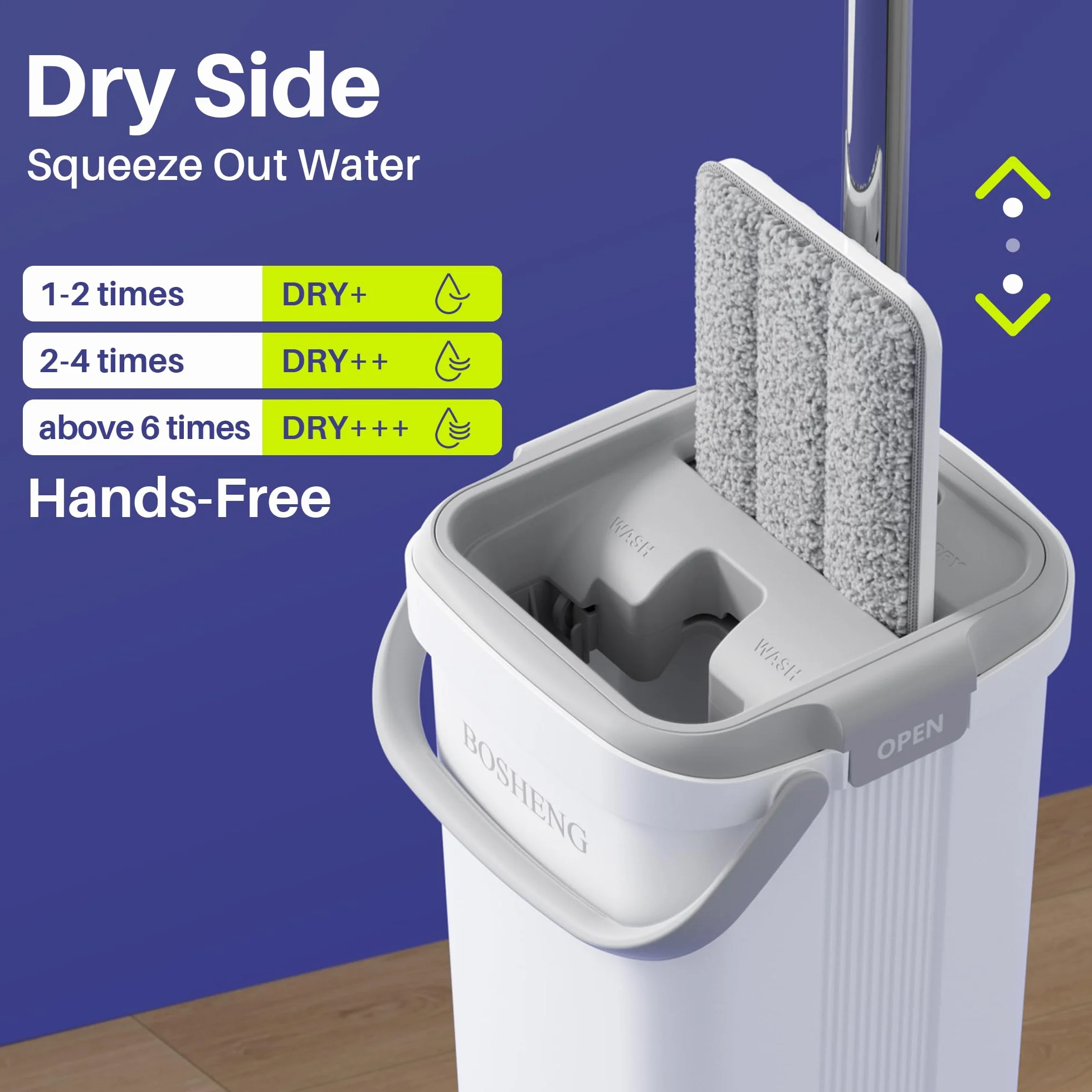 BOSHENG Juego de fregona y cubo, fregonas planas para limpieza de suelos, mopa de pared con mango extensible de 60 pulgadas, mopa de piso de madera dura con 2 almohadillas de microfibra