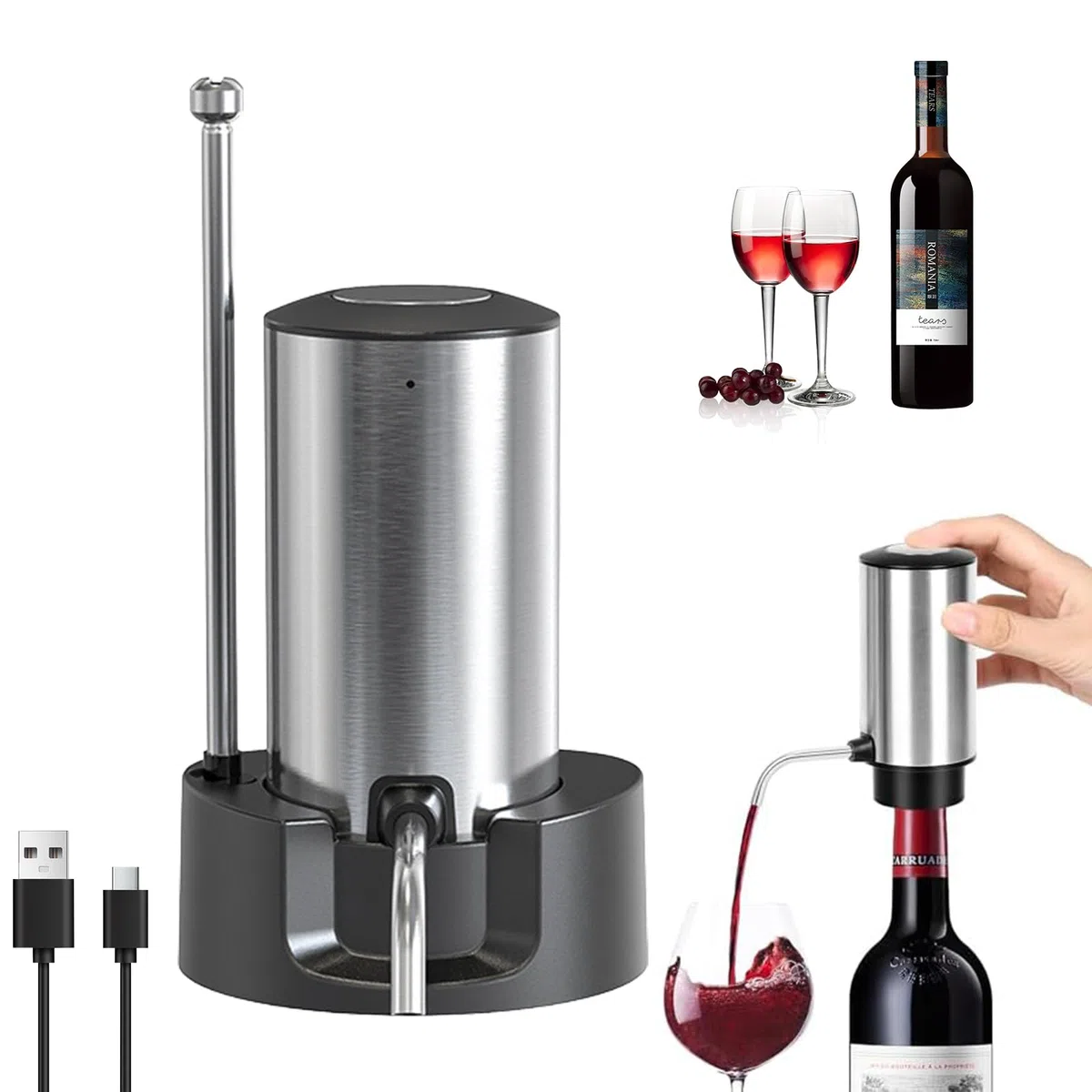 JIMACRO Aireador y Dispensador de Vino Eléctrico, Dispensador Automático Decantador de Vino con Base, Aireador de Vin Electrico Vertedor Recargable para Amantes del Vin (Aceros Inoxidables)