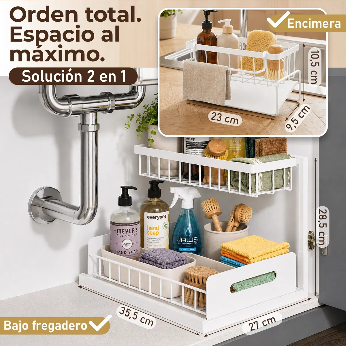 Organizador Bajo Fregadero Extraíble 2 en 1 con Soporte Estropajo.