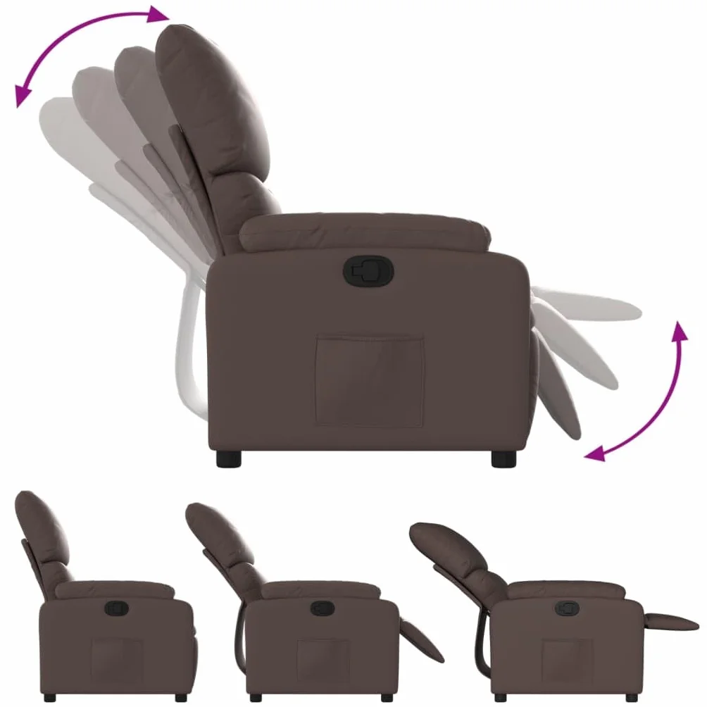 Sillón de relax manual de piel sintética marrón con reposabrazos, cómodo sillón de descanso con bolsillo lateral, respaldo ajustable hasta 135°, piel sintética de fácil cuidado, estable
