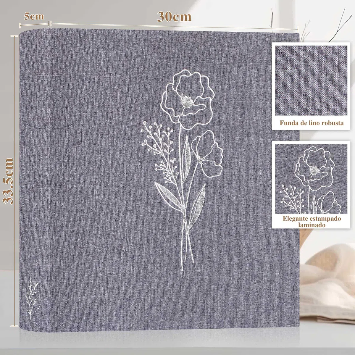 Lanpn Álbum Fotos Scrapbook Personalizable, Grande Lino DIY Album Foto Scrapbooking 100 Páginas Blancas con separadores de celofán, Para fotos de 9x13cm 10x15cm 13x18cm (Gris, 30x33,5cm)