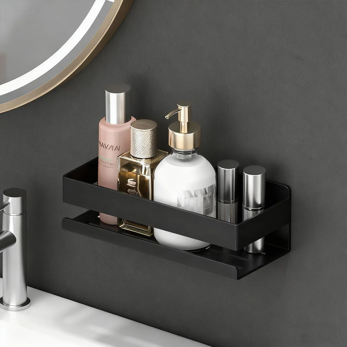 EXLECO Estanteria Baño Pared 30CM Estante Ducha sin Taladro Acero Inoxidable, Cesta da Ducha Autoadhesiva con 2 Ganchos, Repisas Baño Organizador Accesorios para Jabonera Champú y Gel, Negro