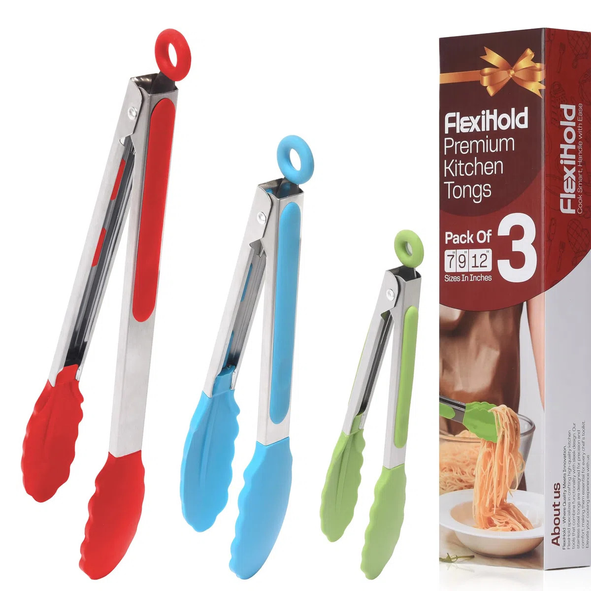 Pinzas de cocina de acero inoxidable de alta calidad, paquete de 3 para cocinar a la parrilla y barbacoa. Pinzas de bloqueo de metal cepillado duraderas con cómodo agarre ergonómico