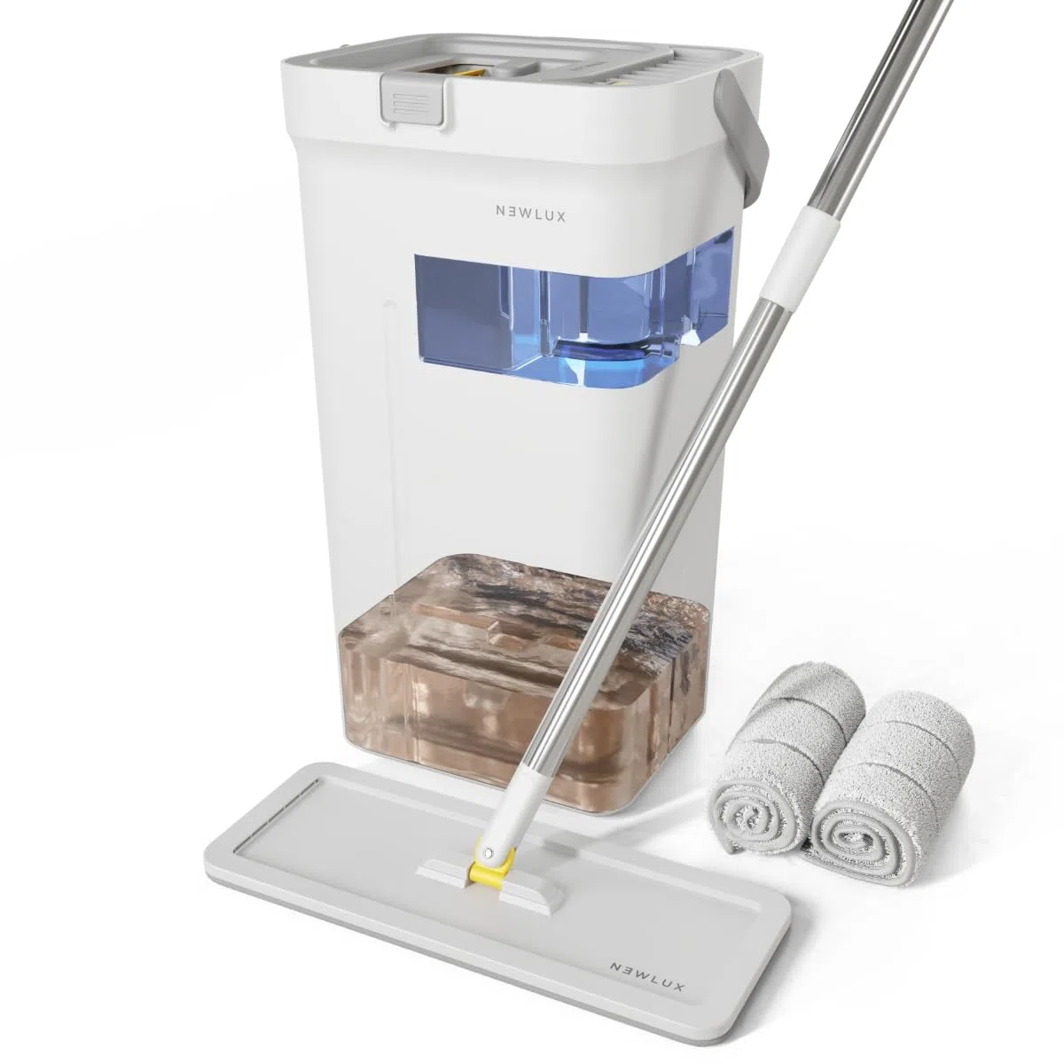 NEWLUX - Mopa Fregona con Cubo Escurridor Twin V120, Separación de Agua Limpia y Sucia, Diseño Que Ahorra Agua, Manejo con una Sola Mano, Almacenamiento Compacto, Mango 3 Alturas, 2 Mopas Microfibra
