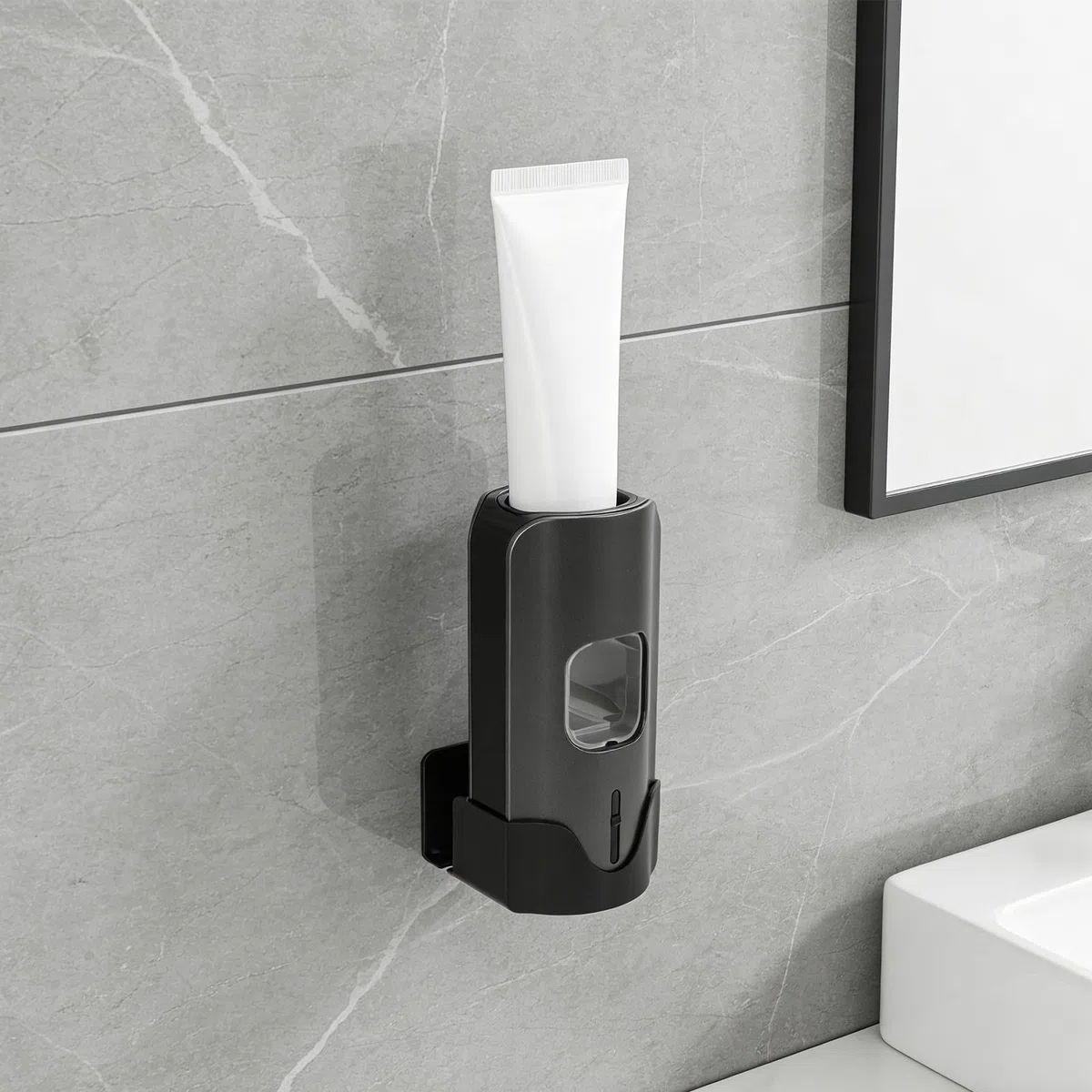 Levemolo Organizador de Baño con Dispensador Automático de Pasta y Soporte para Cepillos, Instalación sin Taladro, Plástico Negro, Ajuste en 3 Niveles para Adultos y Mayores