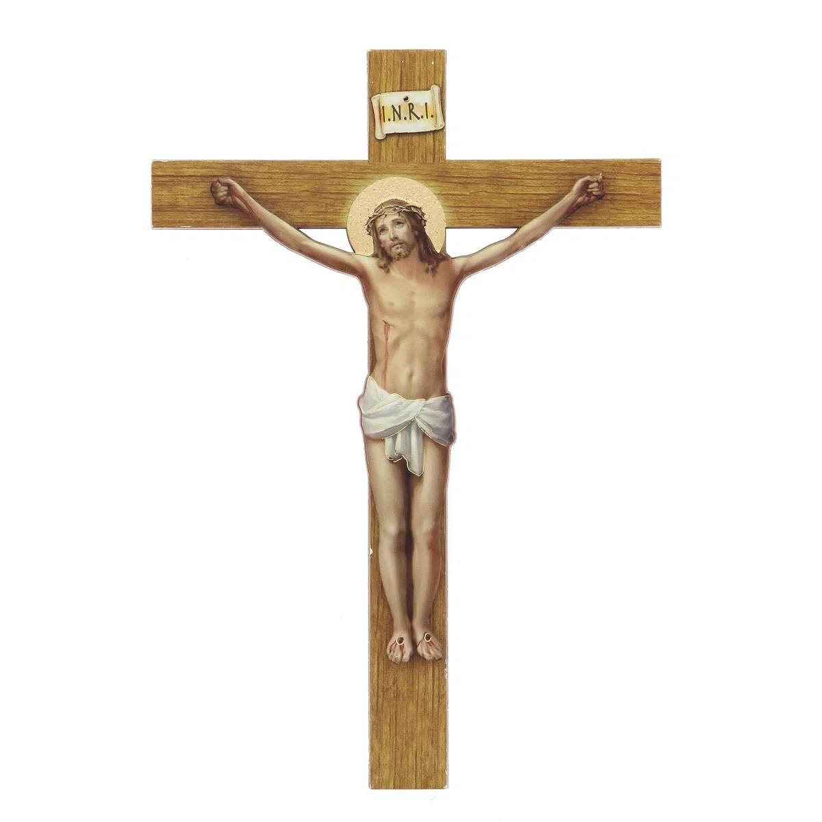 SHALOM - Crucifijo de polímero efecto madera, Cristo en relieve. Altura 21 cm