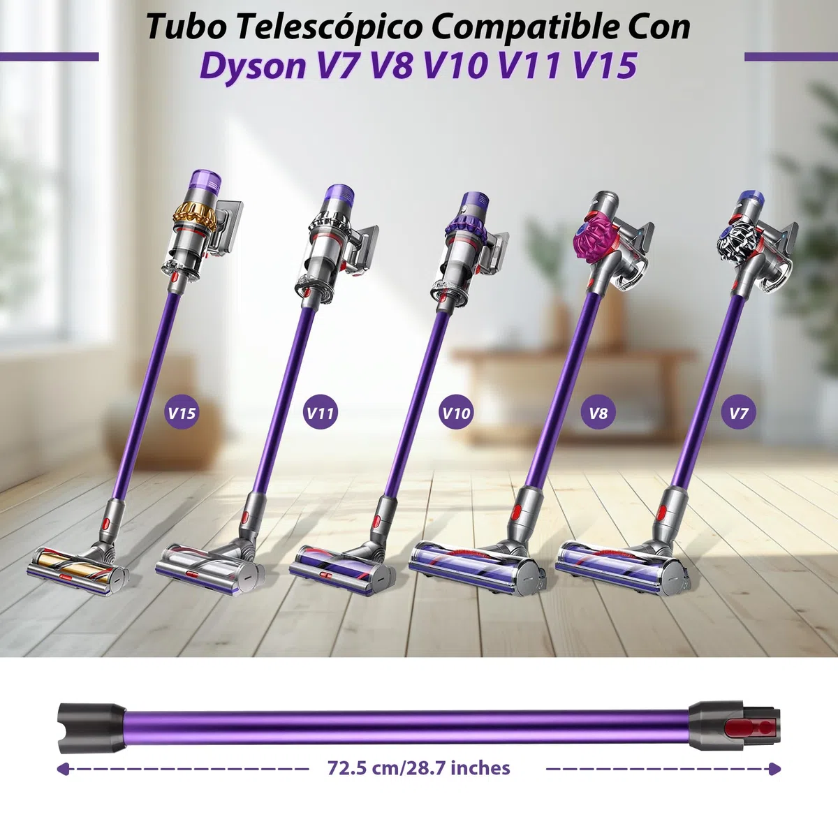Tubo de Extensión compatible con Dyson V7 V8 V10 V11 V15, Tubo Telescópico Rígido para Aspiradora Dyson, Barra Extensible con Cepillos 2 en 1, Accesorio Aspiradora, Morado