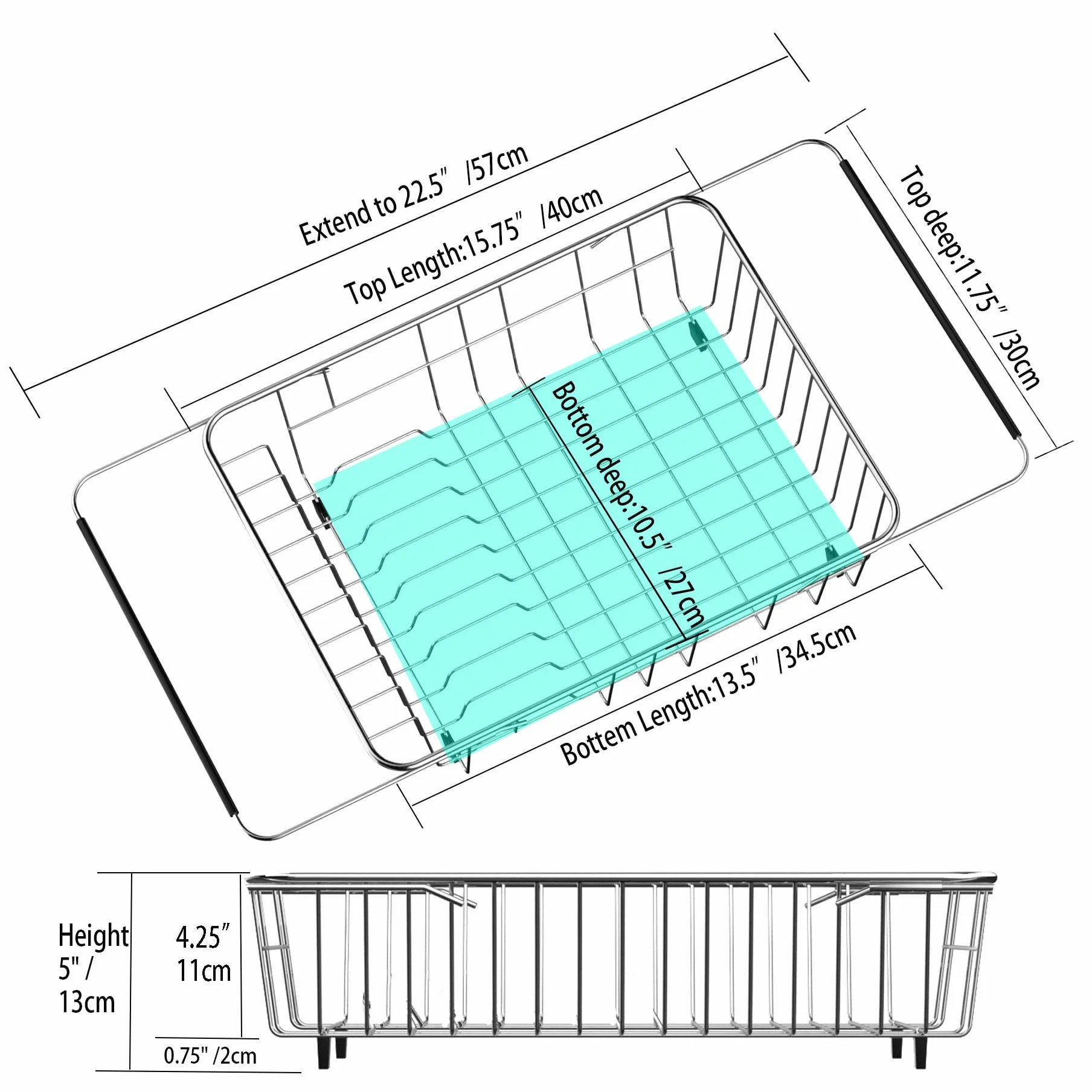 SANNO Escurridor de platos expandible, escurridor de platos grande con soporte de cubiertos de 4 divisiones, escurridor de platos en el fregadero en el mostrador, acero inoxidable