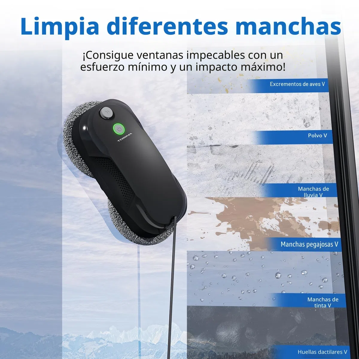 Tosima W5 6400 Pa Robot de Limpieza de Ventanas, pulverizador ultrasónico Doble, Limpiador de Cristales automático, Control Remoto, 20 paños de Microfibra (Rojo)