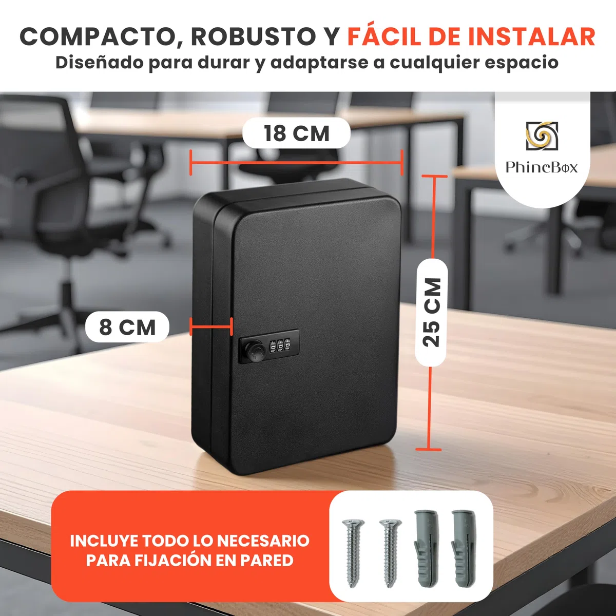 Caja Llaves, Armario para 48 Llaves con Cerradura de Combinación, Armario Llaves en Pared, Caja de Acero Laminado Negro, 48 Llaveros Incluidos, Key Box