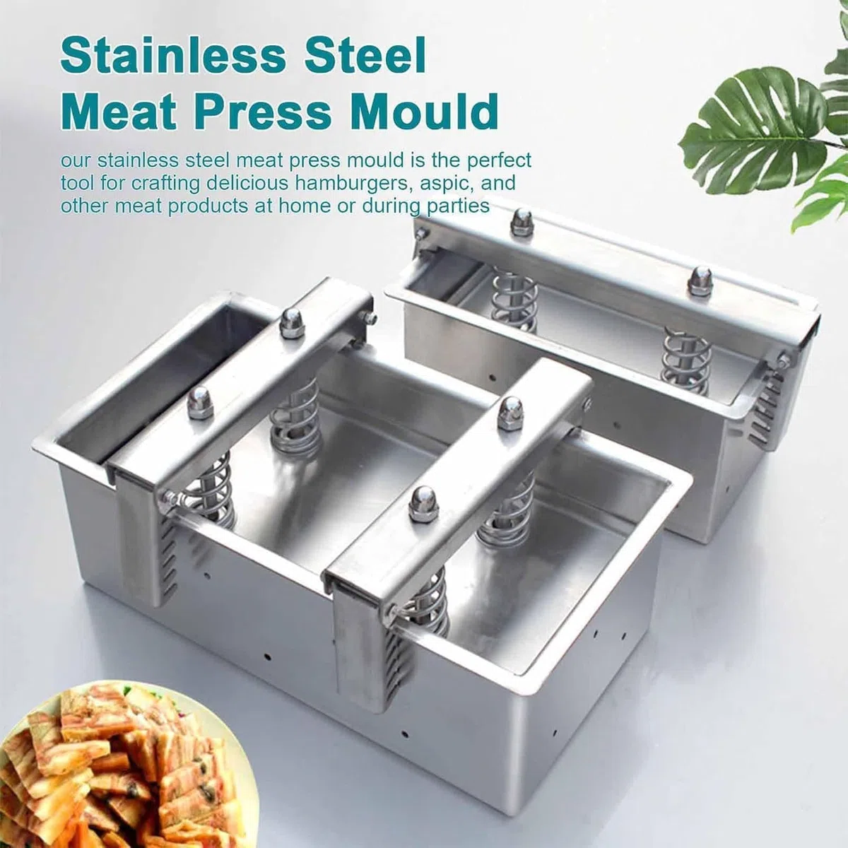 Herramienta de prensado de carne de jamón, para bloques de carne rectangulares perfectos, molde de prensa de carne de acero inoxidable, con resorte de compresión, placa base extraíble, herramienta de