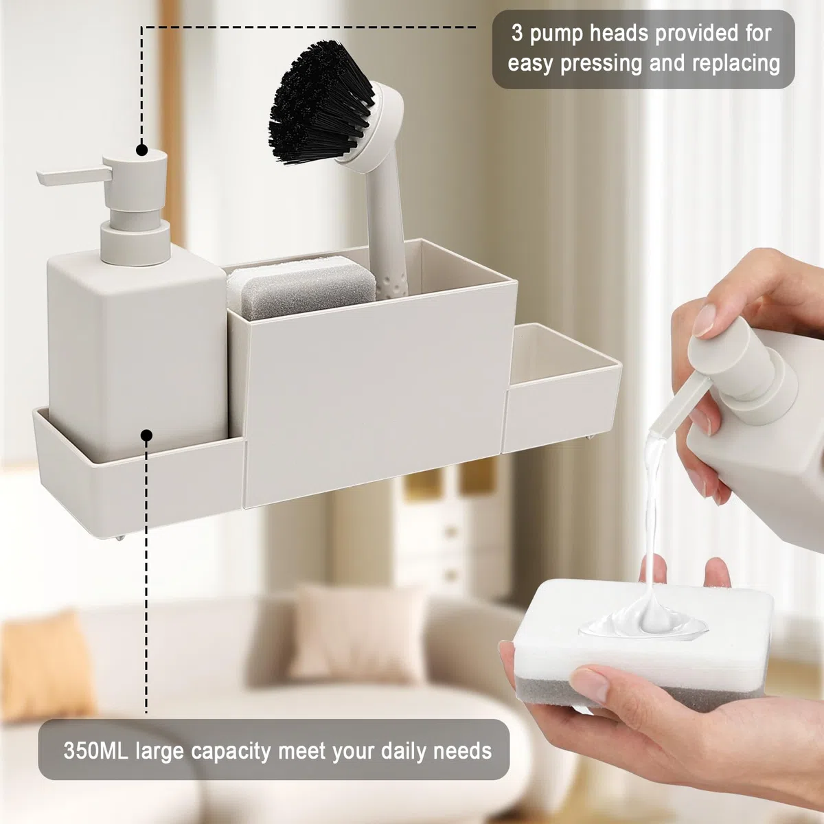 CAUTIOUS Organizador de Fregadero, Dispensador de Jabón de Esponja de Llástico, Juego de Dos Dispensadores de Jabón Líquido Lavavajillas 350ml, Organizador de Utensilios de Cocina (Blanco)