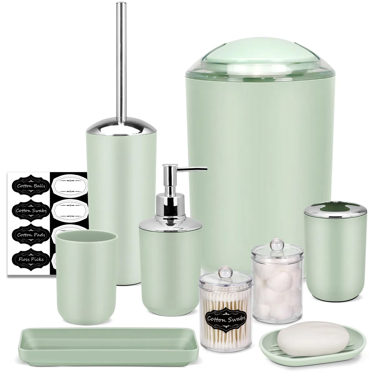 IMAVO Juego de Accesorios de baño – Juego de 8 Accesorios de baño Verdes con Papelera, dispensador de jabón, jabonera, Soporte para Cepillo de Dientes, Taza para Cepillo de Dientes, Soporte para